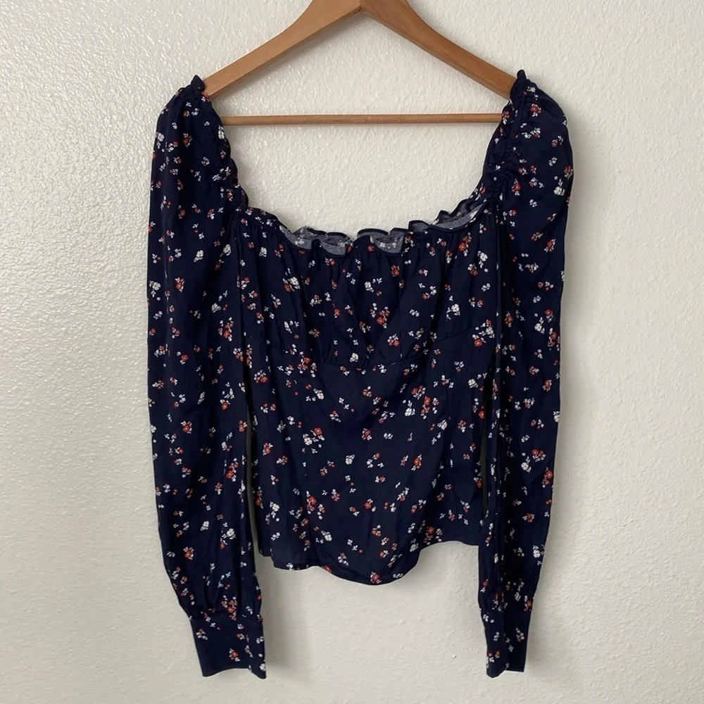 Reformation Navy Blue Floral Square-Neck Puff Sleeve Top